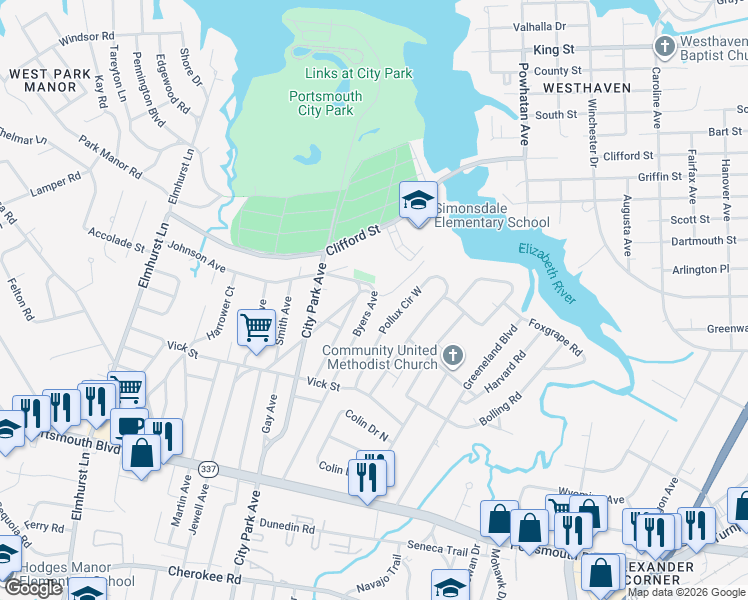 map of restaurants, bars, coffee shops, grocery stores, and more near 132 Byers Avenue in Portsmouth