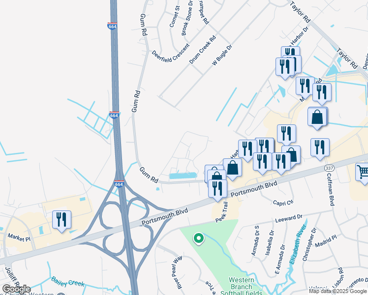 map of restaurants, bars, coffee shops, grocery stores, and more near 4308 Colindale Road in Chesapeake