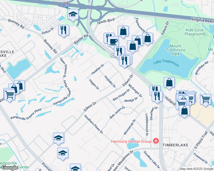 map of restaurants, bars, coffee shops, grocery stores, and more near 521 Buffer Drive in Virginia Beach
