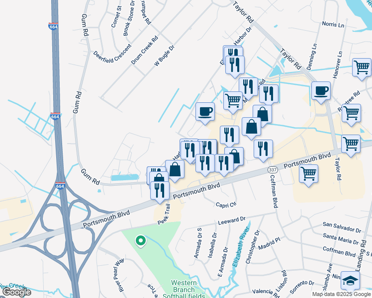 map of restaurants, bars, coffee shops, grocery stores, and more near 4745 Elizabeth Harbor Drive in Chesapeake