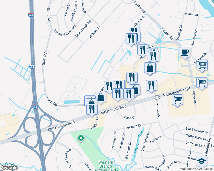 map of restaurants, bars, coffee shops, grocery stores, and more near 4745 Elizabeth Harbor Drive in Chesapeake