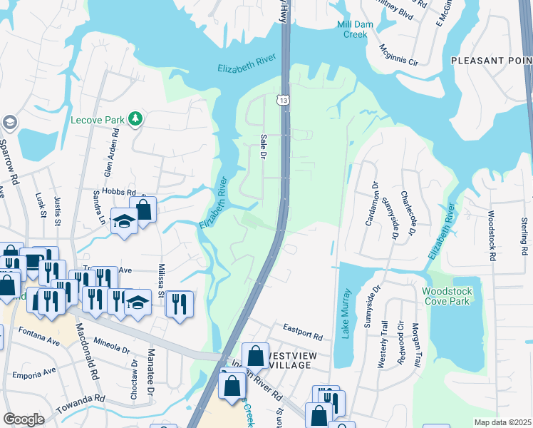 map of restaurants, bars, coffee shops, grocery stores, and more near 3404 Sale Drive in Virginia Beach