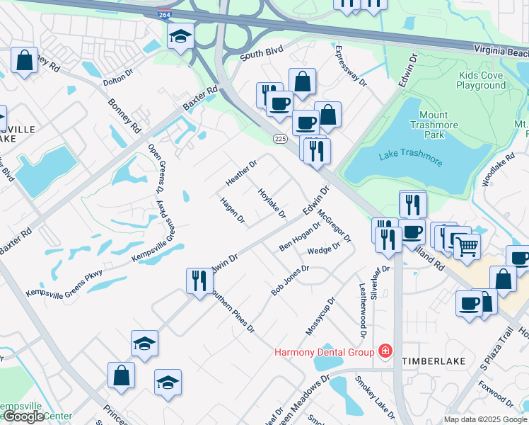 map of restaurants, bars, coffee shops, grocery stores, and more near 521 Buffer Drive in Virginia Beach