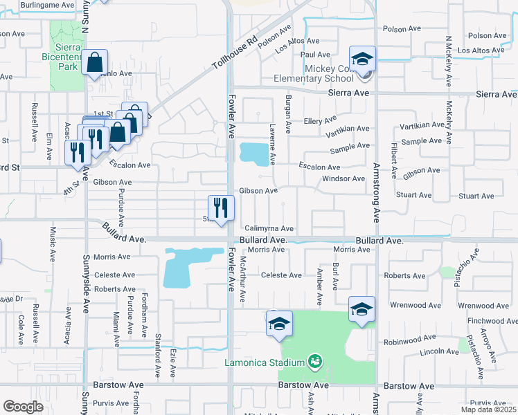 map of restaurants, bars, coffee shops, grocery stores, and more near 443 Whittier Avenue in Clovis