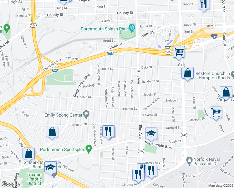 map of restaurants, bars, coffee shops, grocery stores, and more near 1828 Parker Avenue in Portsmouth