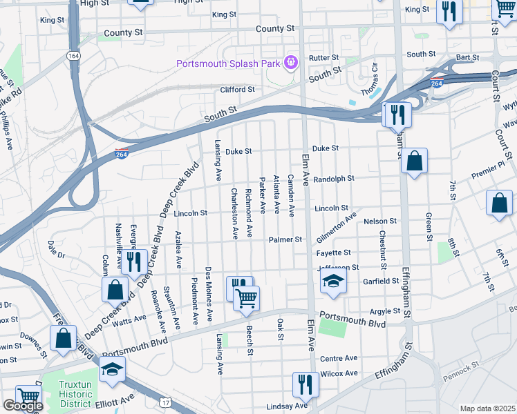 map of restaurants, bars, coffee shops, grocery stores, and more near 1828 Parker Avenue in Portsmouth
