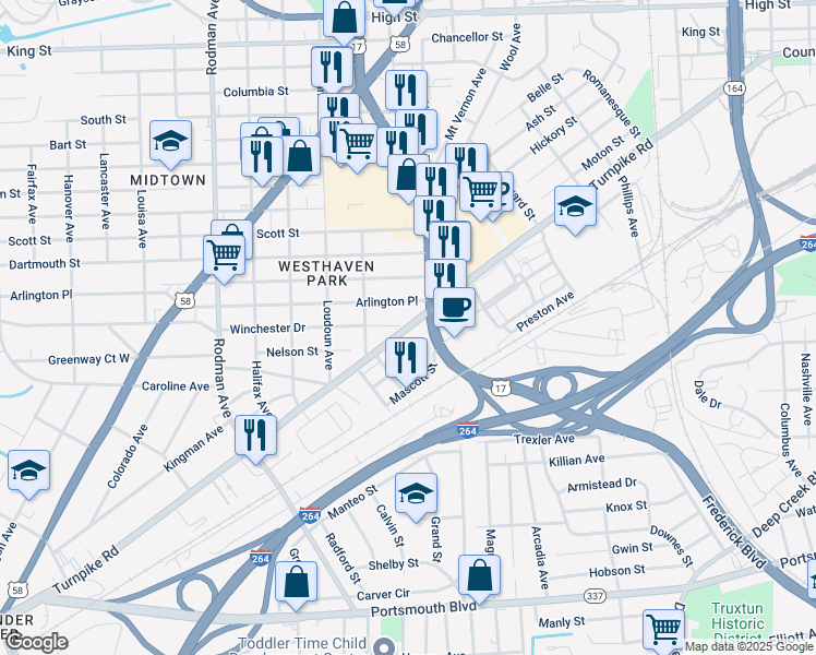 map of restaurants, bars, coffee shops, grocery stores, and more near Turnpike Road in Portsmouth