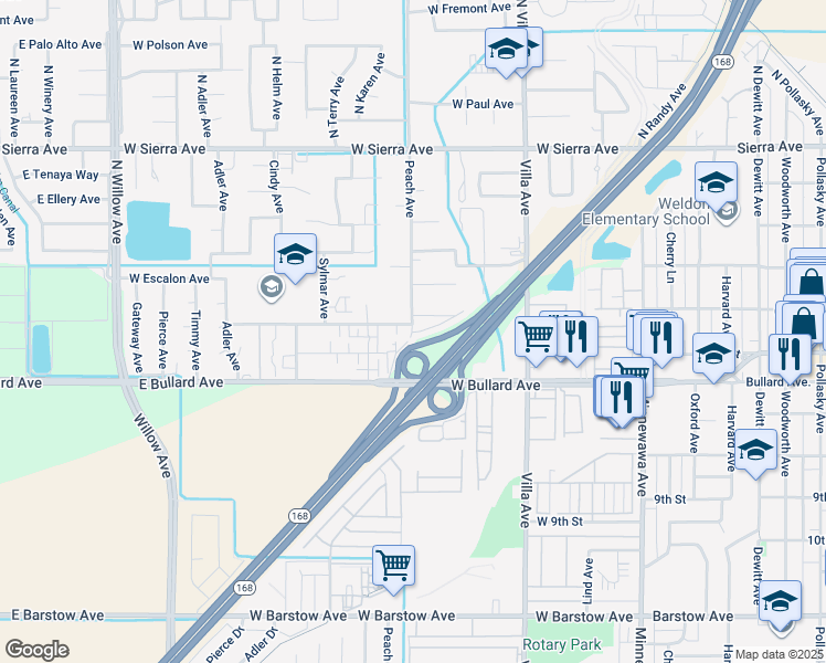 map of restaurants, bars, coffee shops, grocery stores, and more near 430 Peach Avenue in Clovis
