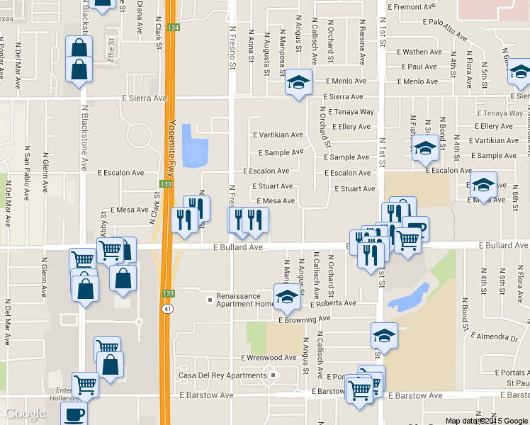 map of restaurants, bars, coffee shops, grocery stores, and more near 481 East Mesa Avenue in Fresno