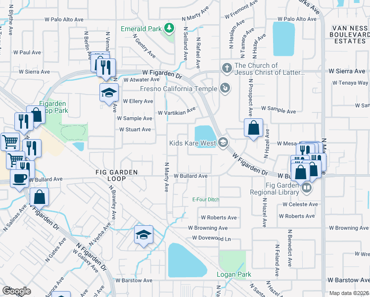 map of restaurants, bars, coffee shops, grocery stores, and more near 6136 North Selland Avenue in Fresno