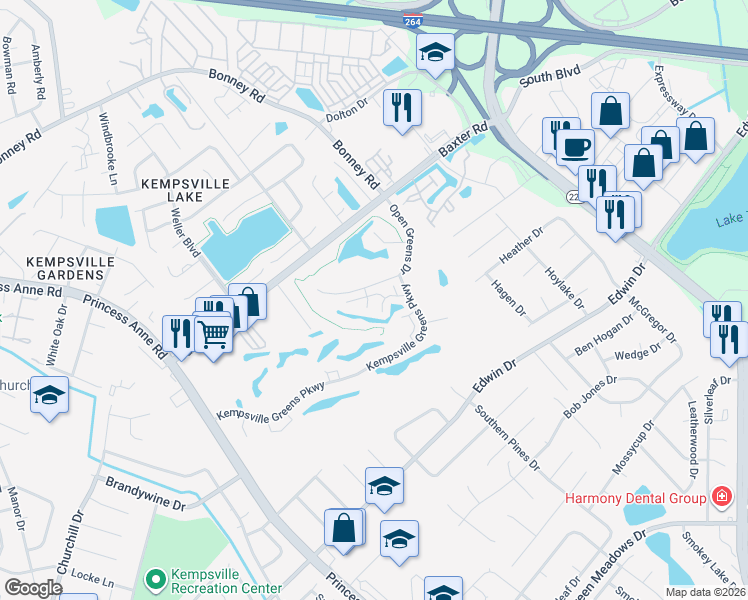 map of restaurants, bars, coffee shops, grocery stores, and more near 4779 Open Greens Drive in Virginia Beach