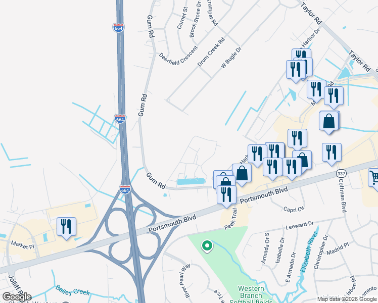 map of restaurants, bars, coffee shops, grocery stores, and more near 2508 Leytonstone Drive in Chesapeake