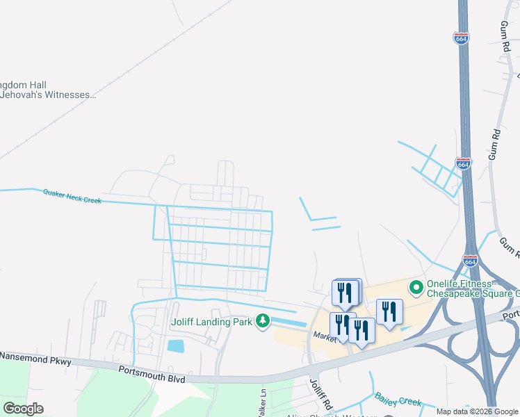 map of restaurants, bars, coffee shops, grocery stores, and more near 2144 Jolliff Road in Chesapeake