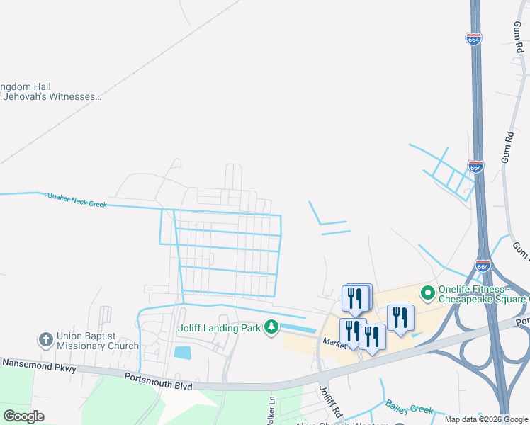 map of restaurants, bars, coffee shops, grocery stores, and more near 2144 Jolliff Road in Chesapeake