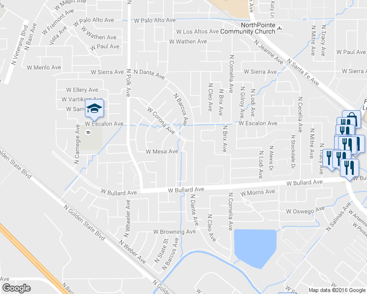 map of restaurants, bars, coffee shops, grocery stores, and more near North Carica Avenue in Fresno