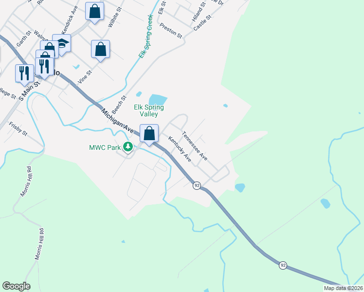 map of restaurants, bars, coffee shops, grocery stores, and more near 199 Kentucky Avenue in Monticello