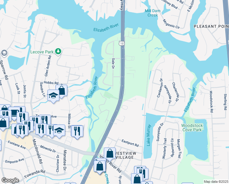 map of restaurants, bars, coffee shops, grocery stores, and more near 3404 Sale Drive in Virginia Beach