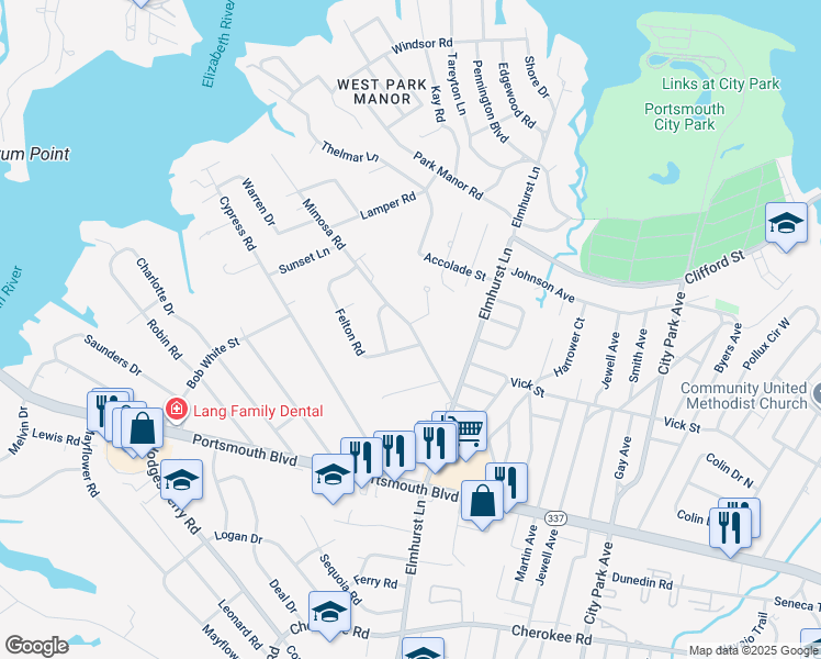map of restaurants, bars, coffee shops, grocery stores, and more near 93 Patnor Drive in Portsmouth