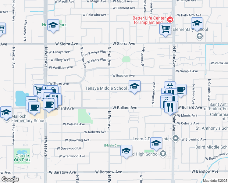 map of restaurants, bars, coffee shops, grocery stores, and more near 1373 West Mesa Avenue in Fresno