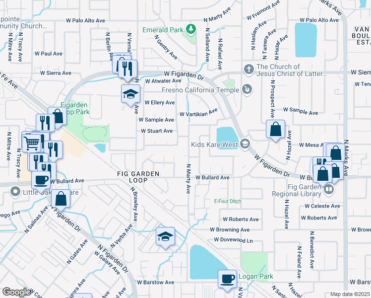map of restaurants, bars, coffee shops, grocery stores, and more near 112 North Alva Avenue in Fresno