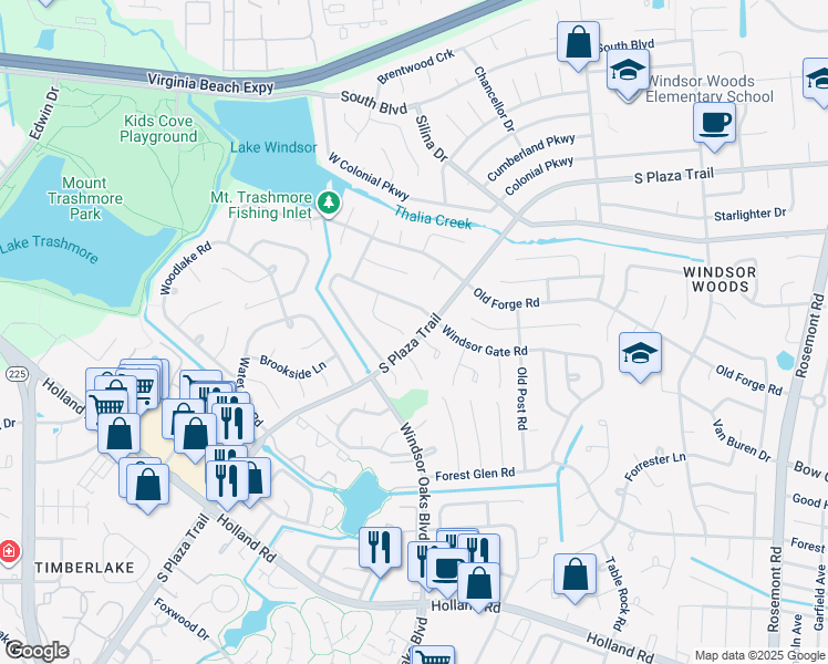 map of restaurants, bars, coffee shops, grocery stores, and more near 524 Windsor Gate Circle in Virginia Beach