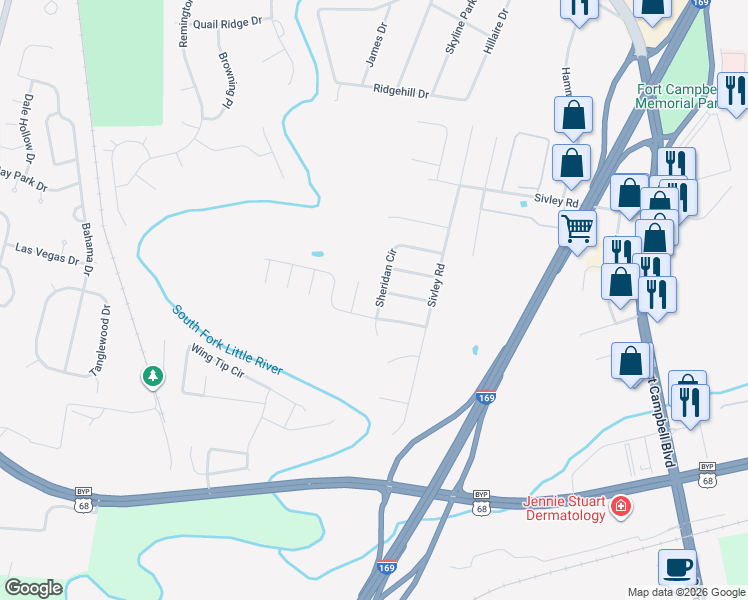 map of restaurants, bars, coffee shops, grocery stores, and more near 267 Sheridan Circle in Hopkinsville