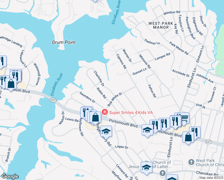 map of restaurants, bars, coffee shops, grocery stores, and more near 307 Charlotte Drive in Portsmouth