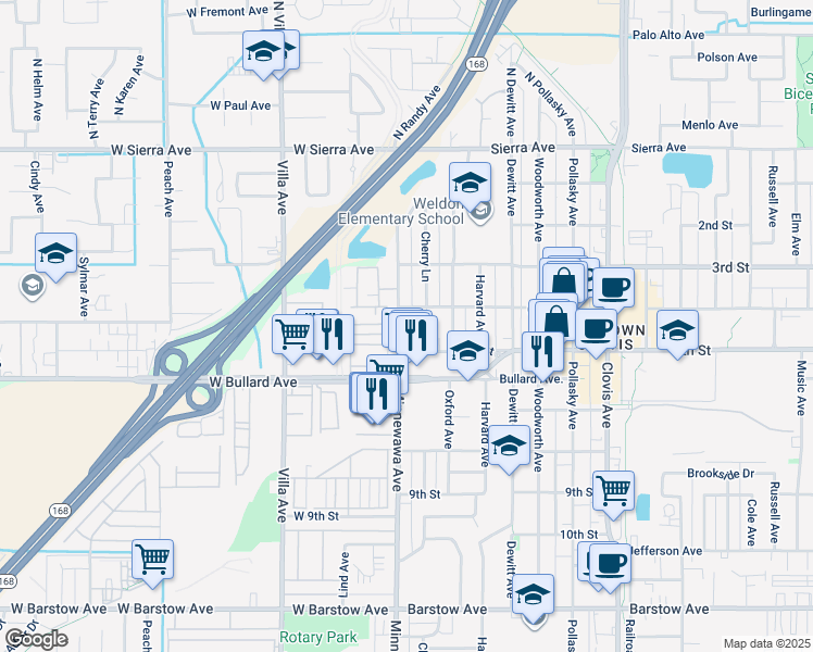 map of restaurants, bars, coffee shops, grocery stores, and more near 8 4th Street in Clovis