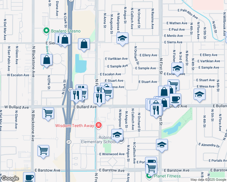 map of restaurants, bars, coffee shops, grocery stores, and more near 481 East Mesa Avenue in Fresno