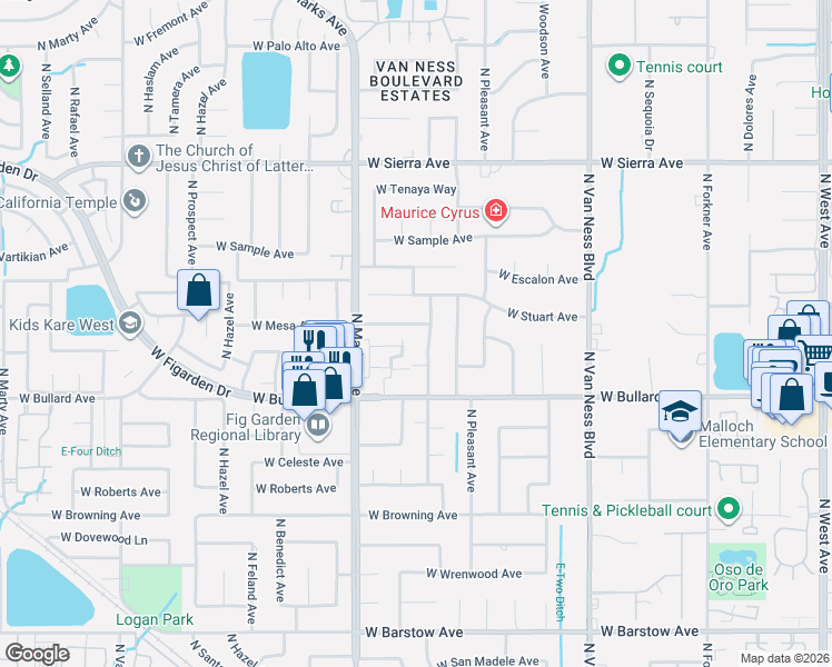 map of restaurants, bars, coffee shops, grocery stores, and more near 2712 West Mesa Avenue in Fresno