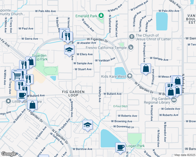 map of restaurants, bars, coffee shops, grocery stores, and more near 112 North Alva Avenue in Fresno