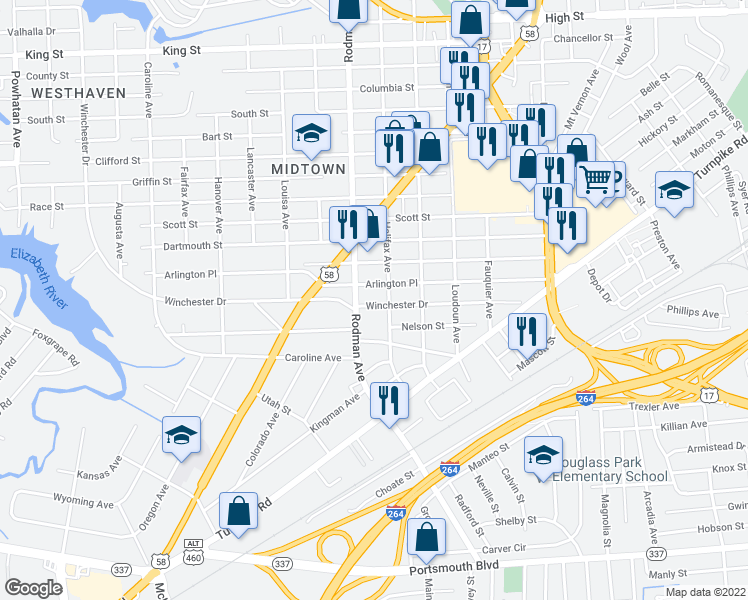 map of restaurants, bars, coffee shops, grocery stores, and more near 3610 Winchester Drive in Portsmouth