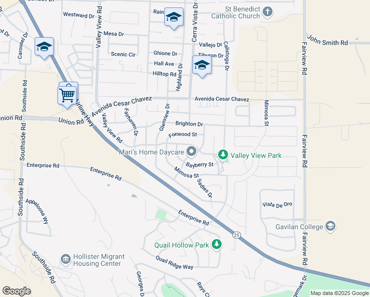 map of restaurants, bars, coffee shops, grocery stores, and more near 2730 Valley View Rd in Hollister