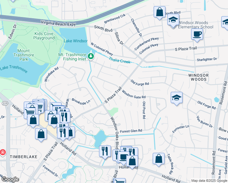 map of restaurants, bars, coffee shops, grocery stores, and more near 524 Windsor Gate Circle in Virginia Beach