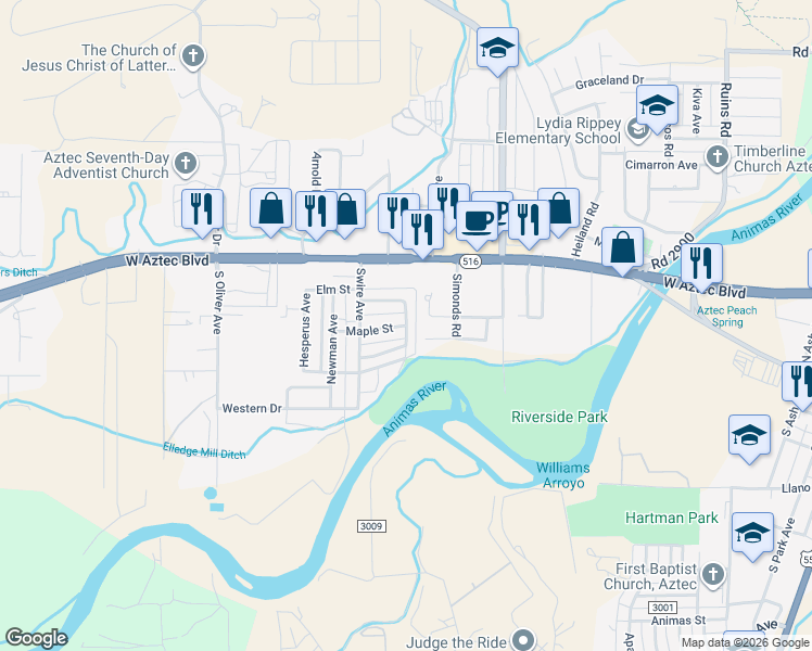 map of restaurants, bars, coffee shops, grocery stores, and more near 399 East Glenmary Drive in Aztec