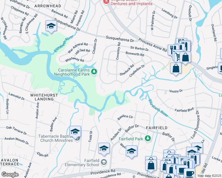 map of restaurants, bars, coffee shops, grocery stores, and more near 5409 Challedon Drive in Virginia Beach