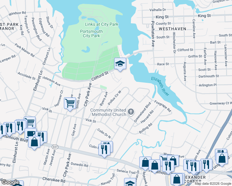 map of restaurants, bars, coffee shops, grocery stores, and more near 47 Pollux Circle West in Portsmouth
