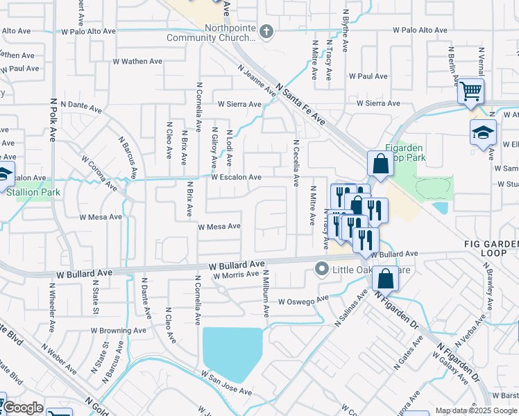 map of restaurants, bars, coffee shops, grocery stores, and more near 6190 North Alexis Drive in Fresno