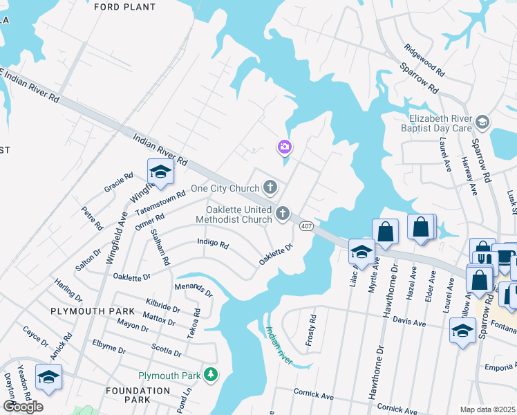 map of restaurants, bars, coffee shops, grocery stores, and more near 3301 Indian River Road in Chesapeake