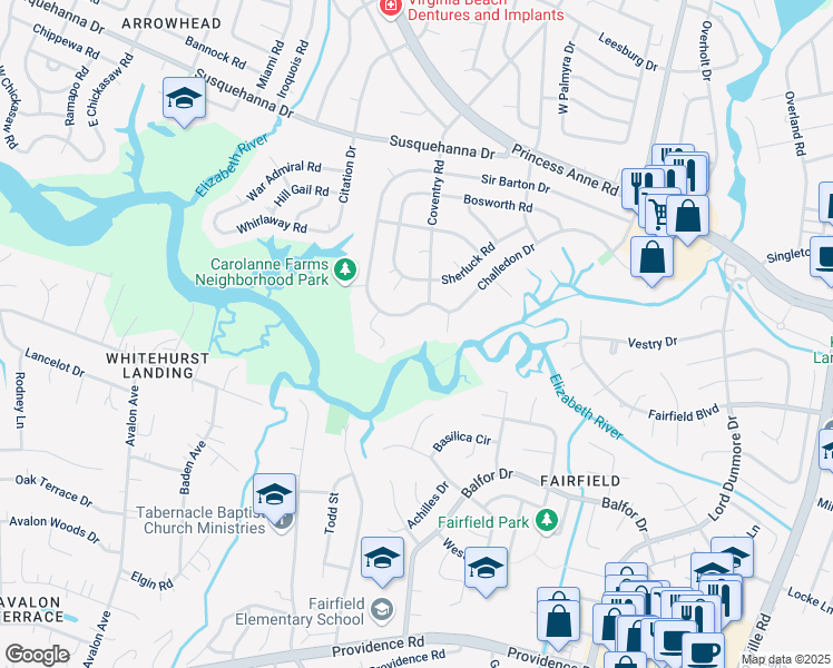 map of restaurants, bars, coffee shops, grocery stores, and more near 5409 Challedon Drive in Virginia Beach