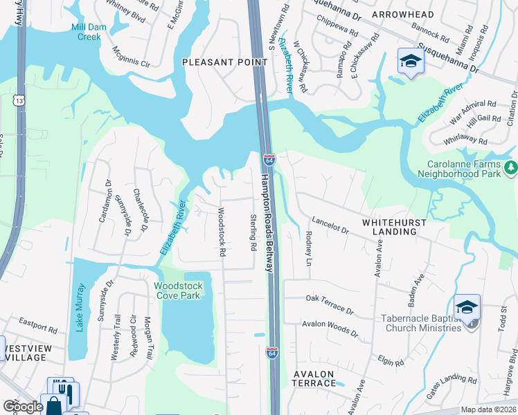 map of restaurants, bars, coffee shops, grocery stores, and more near 536 Sterling Road in Virginia Beach