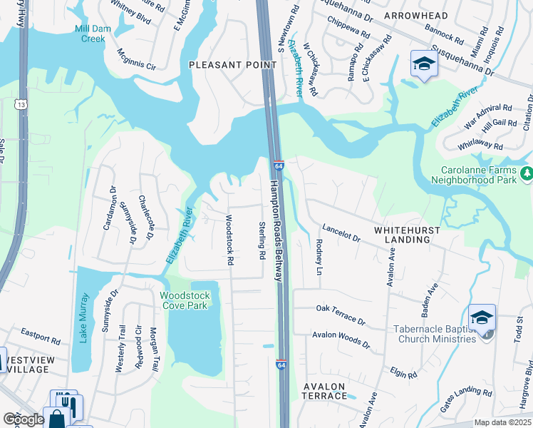 map of restaurants, bars, coffee shops, grocery stores, and more near 540 Sterling Road in Virginia Beach