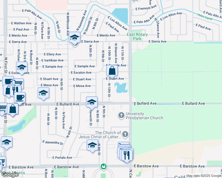 map of restaurants, bars, coffee shops, grocery stores, and more near 6088 North 10th Street in Fresno