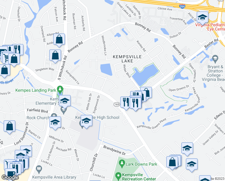 map of restaurants, bars, coffee shops, grocery stores, and more near 491 Century Court in Virginia Beach