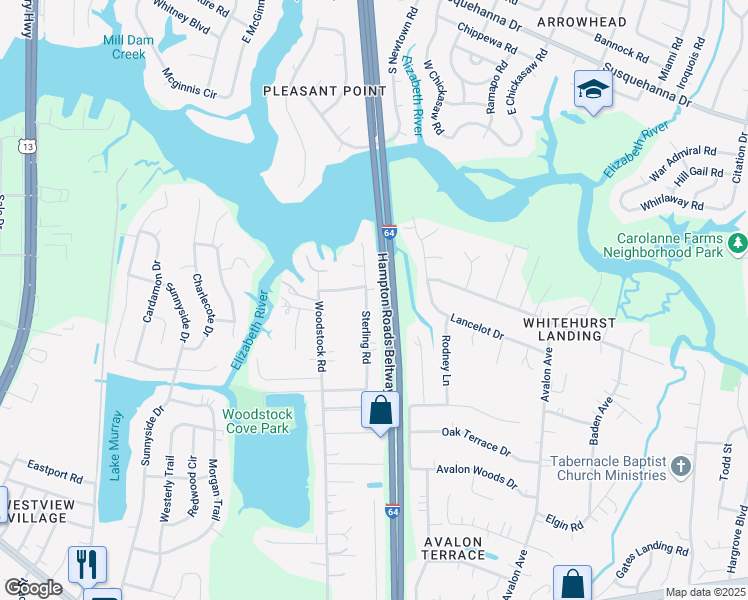 map of restaurants, bars, coffee shops, grocery stores, and more near 540 Sterling Road in Virginia Beach
