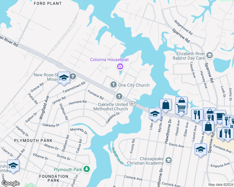 map of restaurants, bars, coffee shops, grocery stores, and more near 3410 Indian River Road in Chesapeake
