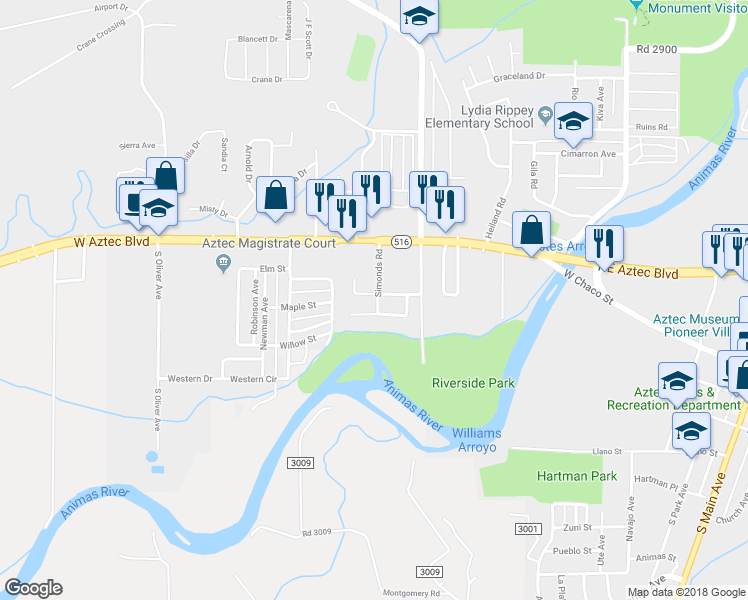 map of restaurants, bars, coffee shops, grocery stores, and more near 201 Simonds Road in Aztec