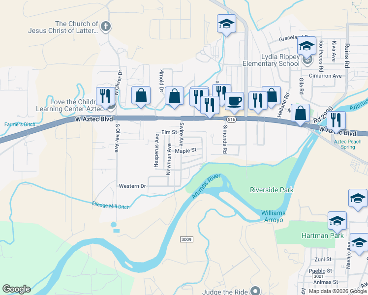 map of restaurants, bars, coffee shops, grocery stores, and more near 1629 Maple Street in Aztec