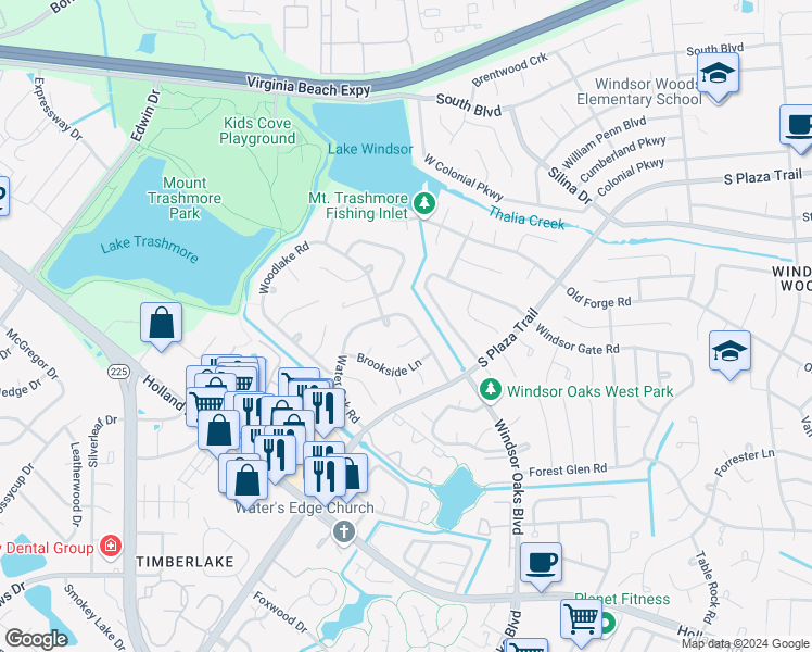 map of restaurants, bars, coffee shops, grocery stores, and more near 545 Water Oak Road in Virginia Beach