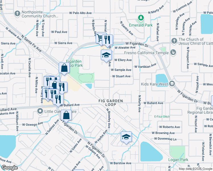 map of restaurants, bars, coffee shops, grocery stores, and more near 4036 West Calimyrna Avenue in Fresno